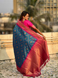 Blue Banarasi Silk Blend Saree With Blouse Piece
