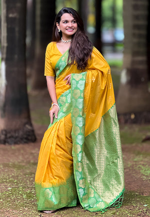 Yellow Banarasi Silk Blend Saree With Blouse Piece