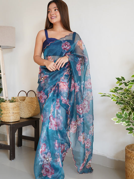 Blue Organza Saree With Blouse Piece