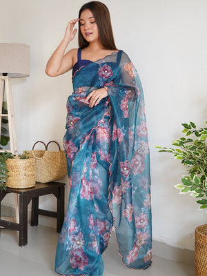 Blue Organza Saree With Blouse Piece
