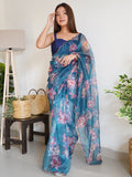 Blue Organza Saree With Blouse Piece
