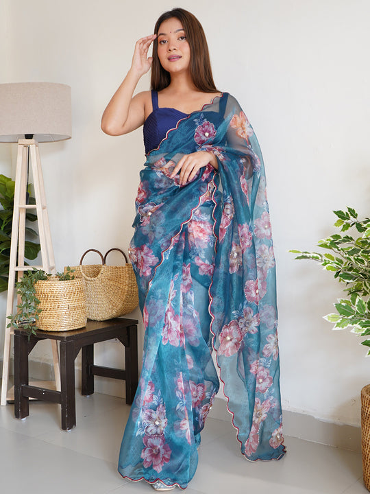 Blue Organza Saree With Blouse Piece