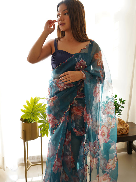 Blue Organza Saree With Blouse Piece