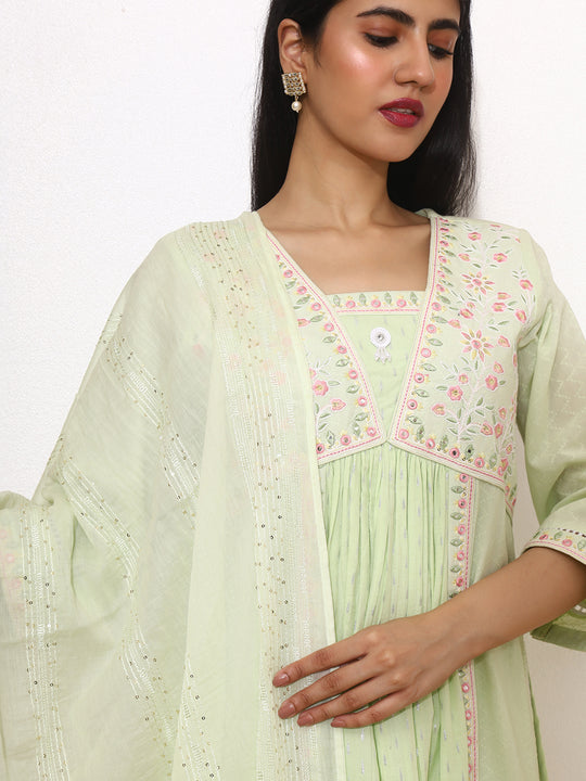 Floral Embroidered V-Neck Three-Quarter Sleeves Sequinned Pure Cotton Kurta Set