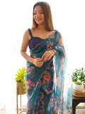 Blue Organza Saree With Blouse Piece
