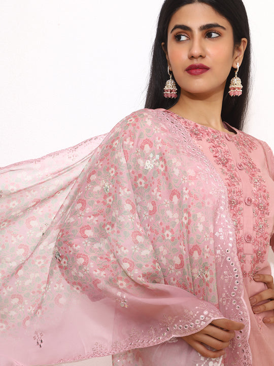 Floral Embroidered Thread Work Pure Cotton Straight Kurta with Palazzos & Dupatta