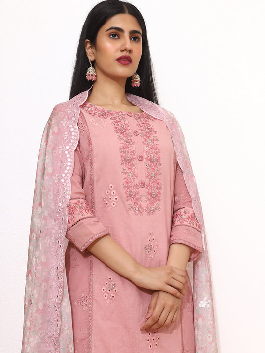 Floral Embroidered Thread Work Pure Cotton Straight Kurta with Palazzos & Dupatta