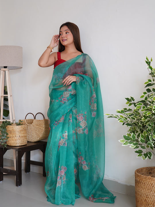 Rama Organza Saree With Blouse Piece