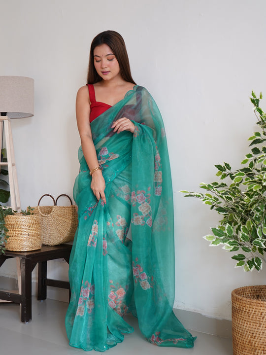 Rama Organza Saree With Blouse Piece