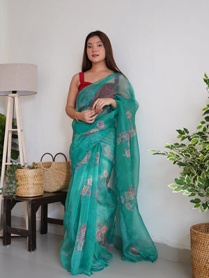 Rama Organza Saree With Blouse Piece
