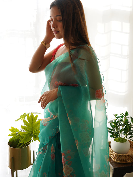 Rama Organza Saree With Blouse Piece