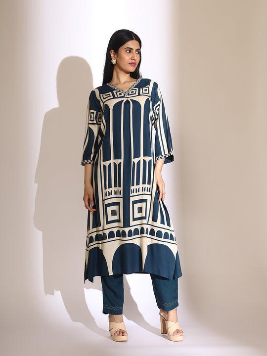 Geometric Quirky Printed A- Line Kurta and Pants with Embroidered Hem