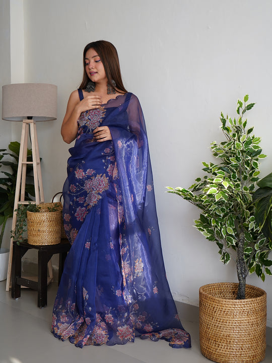Royal Blue Organza Saree With Blouse Piece