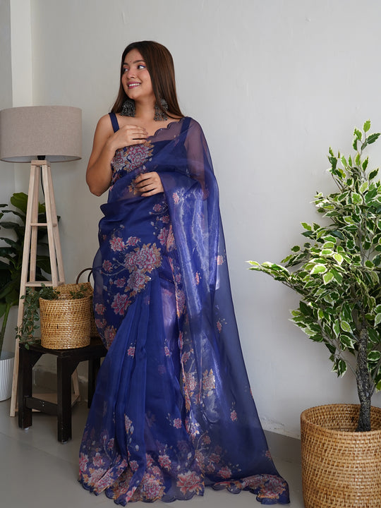 Royal Blue Organza Saree With Blouse Piece