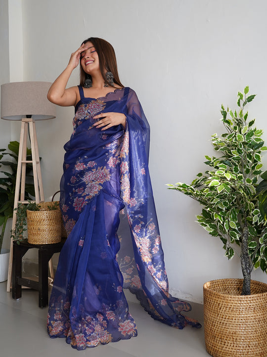 Royal Blue Organza Saree With Blouse Piece