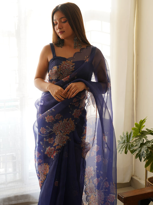 Royal Blue Organza Saree With Blouse Piece