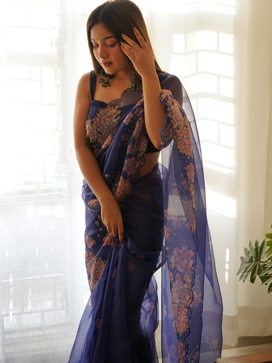 Royal Blue Organza Saree With Blouse Piece