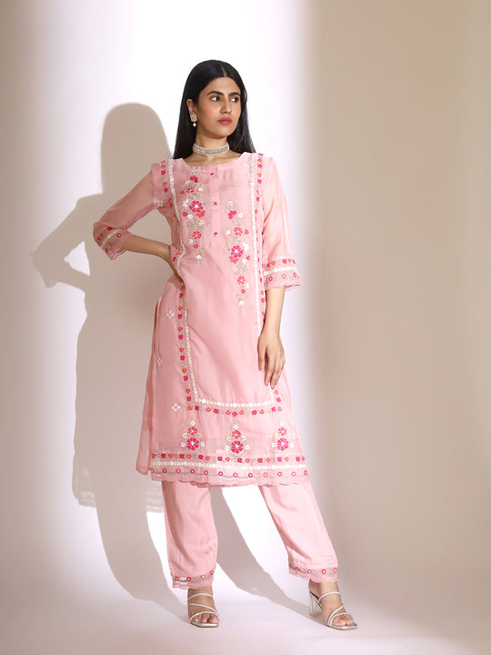 Floral Embroidered Round Neck Thread Work Straight Kurta with Trousers & Dupatta