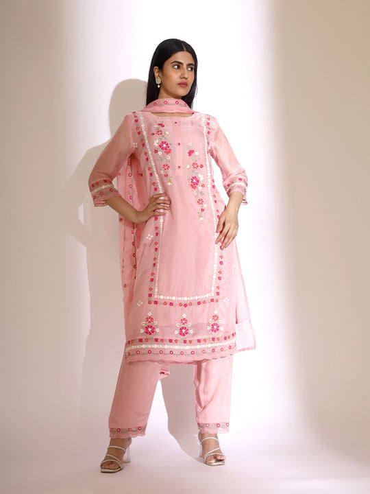 Floral Embroidered Round Neck Thread Work Straight Kurta with Trousers & Dupatta