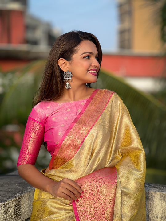 Beige Banarasi Silk Blend Saree With Blouse Piece