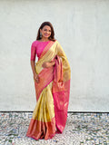Beige Banarasi Silk Blend Saree With Blouse Piece