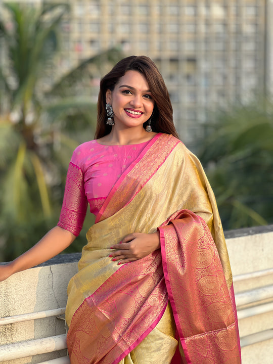 Beige Banarasi Silk Blend Saree With Blouse Piece