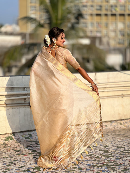 Chickoo Tussar Silk Saree With Blouse Piece