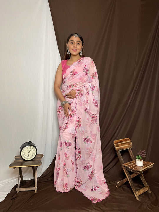 Baby Pink Organza Saree With Blouse Piece