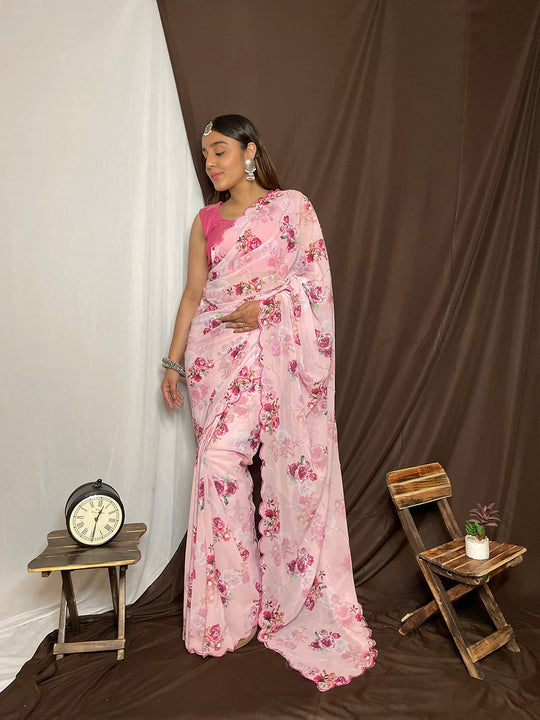 Baby Pink Organza Saree With Blouse Piece