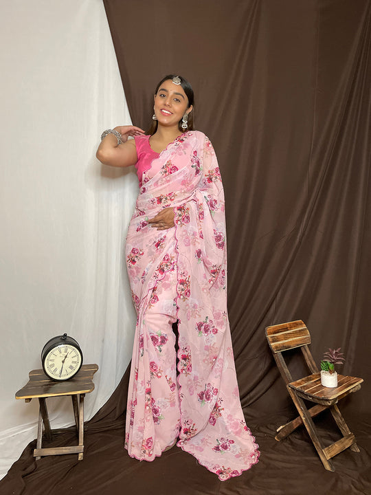 Baby Pink Organza Saree With Blouse Piece
