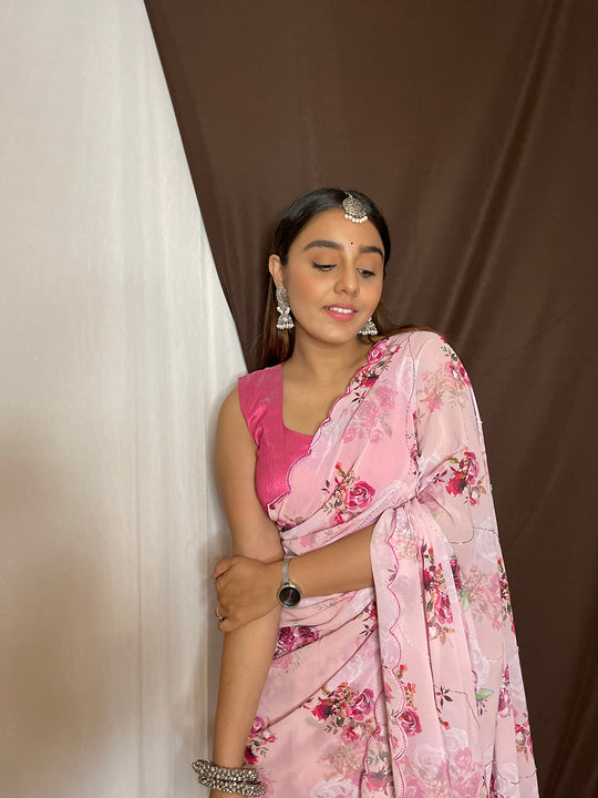 Baby Pink Organza Saree With Blouse Piece