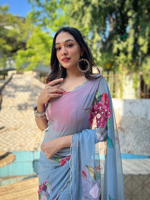 Grey Georgette Saree With Blouse Piece