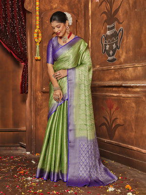 Green Banarasi Silk Blend Saree With Blouse Piece