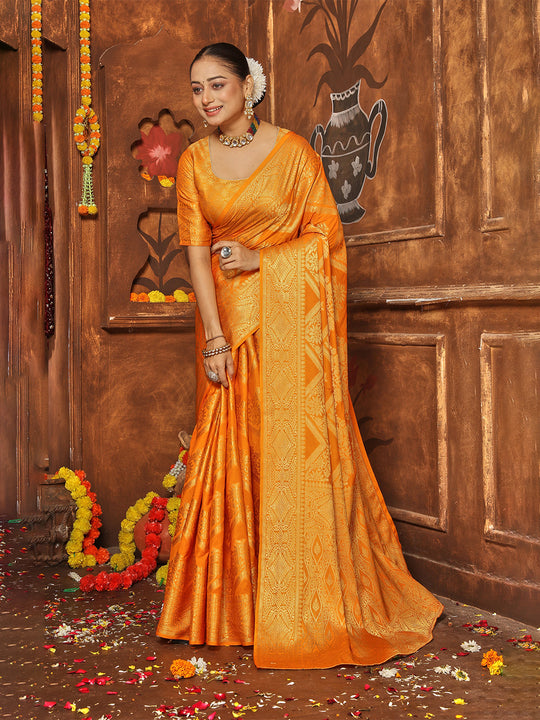 Yellow Banarasi Silk Blend Saree With Blouse Piece