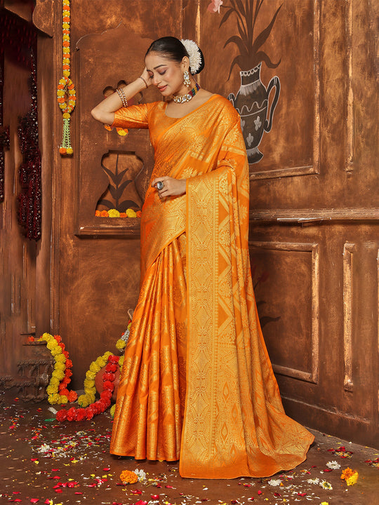 Yellow Banarasi Silk Blend Saree With Blouse Piece
