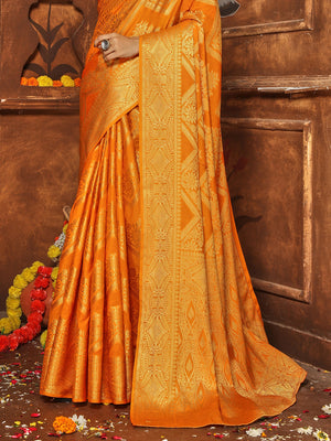 Yellow Banarasi Silk Blend Saree With Blouse Piece