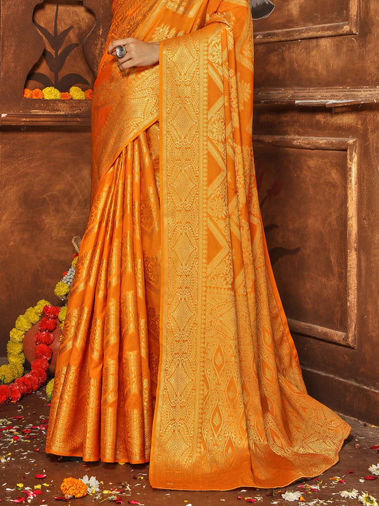 Yellow Banarasi Silk Blend Saree With Blouse Piece