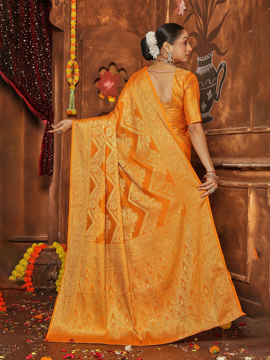 Yellow Banarasi Silk Blend Saree With Blouse Piece