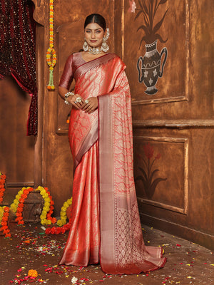 Red Banarasi Silk Blend Saree With Blouse Piece