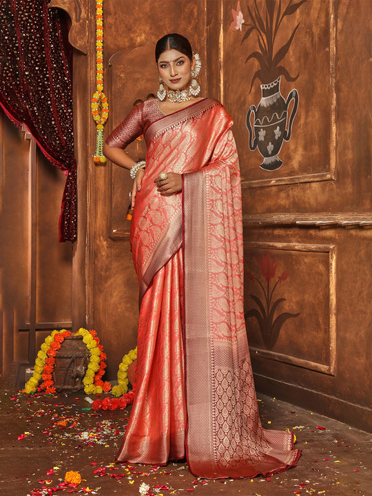 Red Banarasi Silk Blend Saree With Blouse Piece