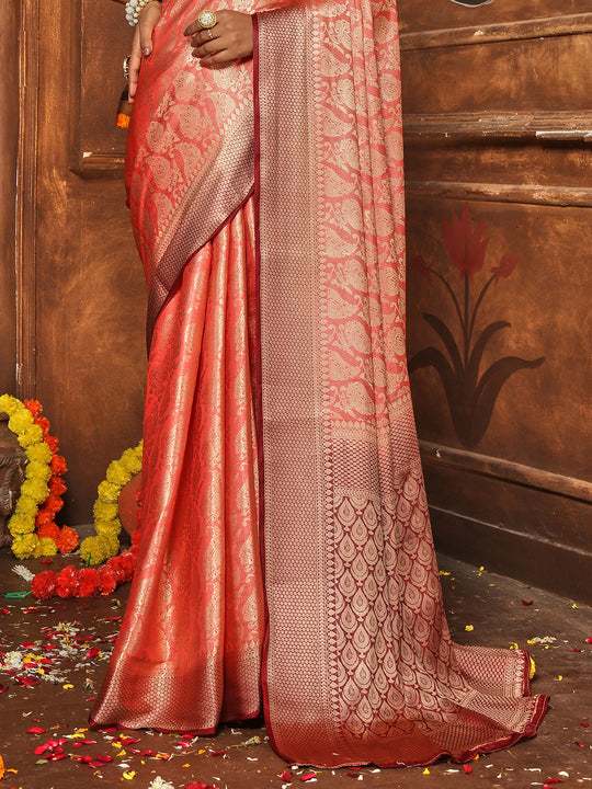 Red Banarasi Silk Blend Saree With Blouse Piece