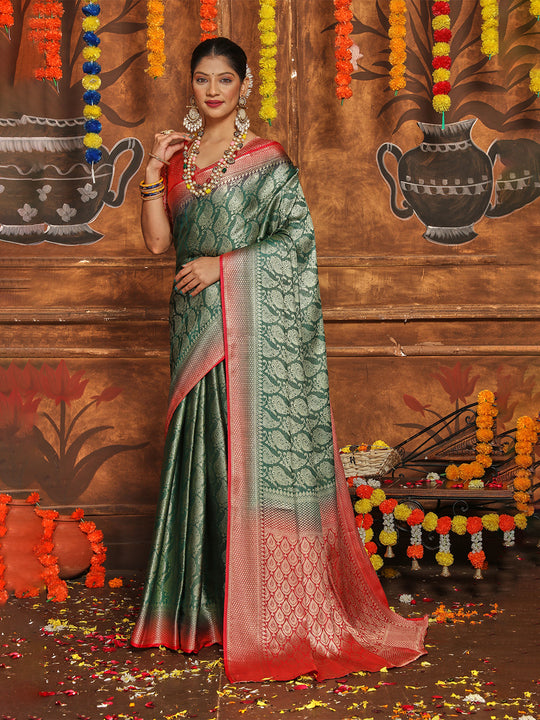 Rama Banarasi Silk Blend Saree With Blouse Piece