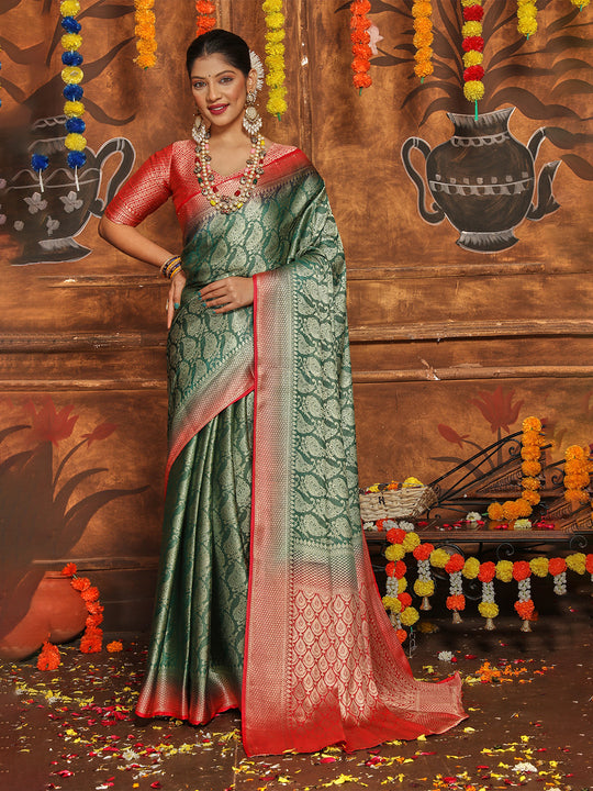 Rama Banarasi Silk Blend Saree With Blouse Piece