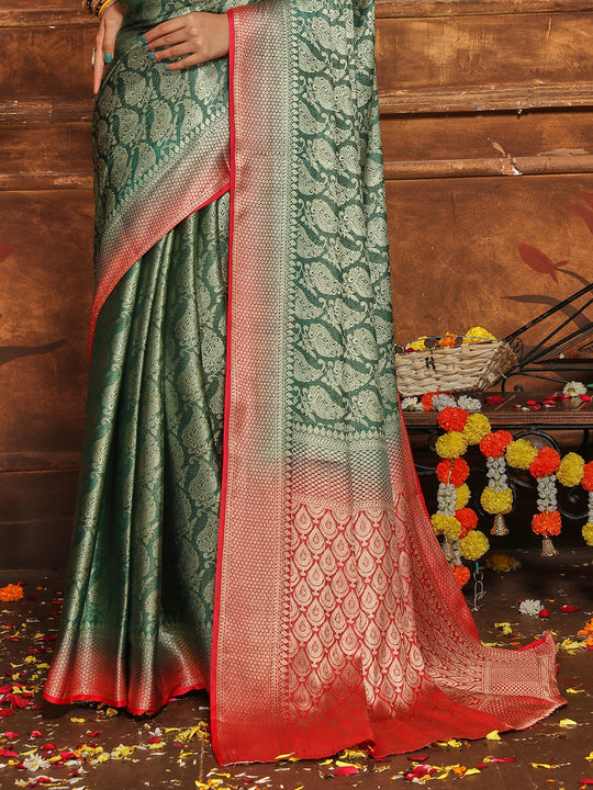 Rama Banarasi Silk Blend Saree With Blouse Piece