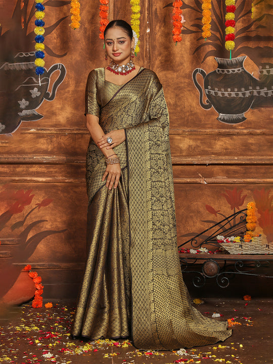 Bottle Green Banarasi Silk Blend Saree With Blouse Piece