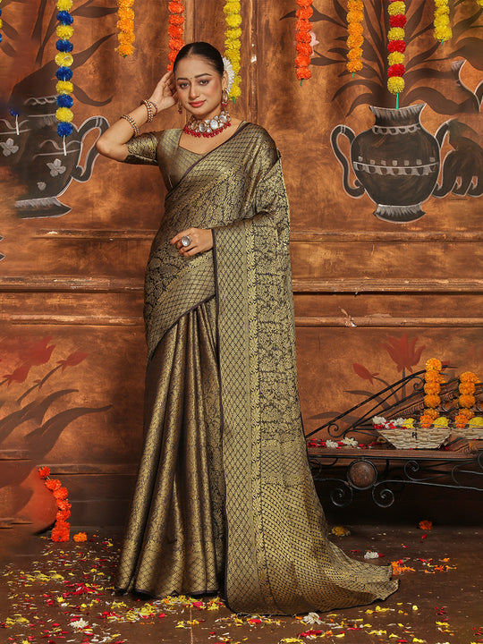 Bottle Green Banarasi Silk Blend Saree With Blouse Piece