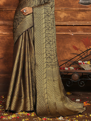 Bottle Green Banarasi Silk Blend Saree With Blouse Piece