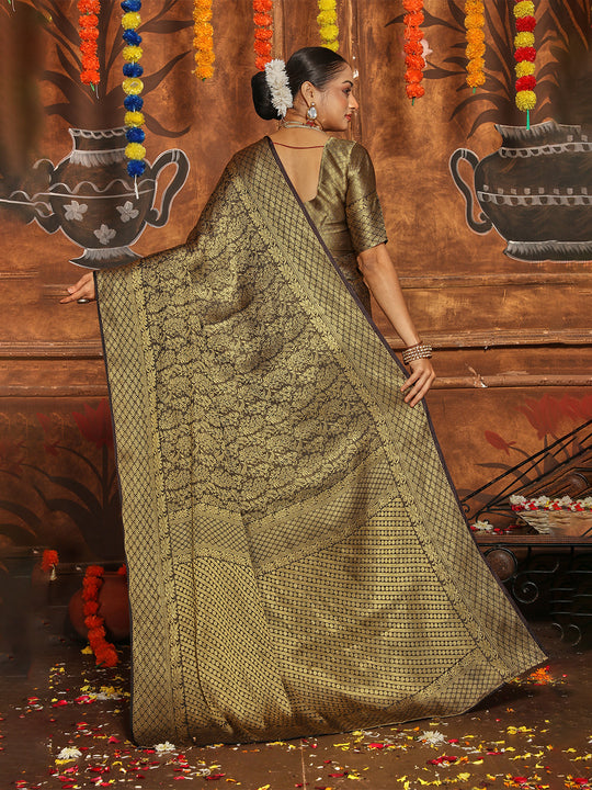 Bottle Green Banarasi Silk Blend Saree With Blouse Piece