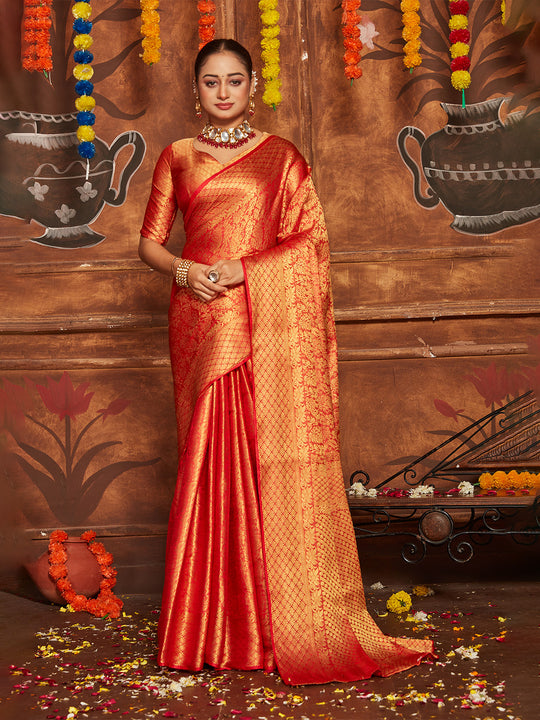 Red Banarasi Silk Blend Saree With Blouse Piece