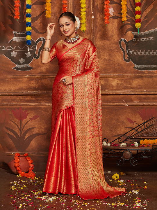Red Banarasi Silk Blend Saree With Blouse Piece